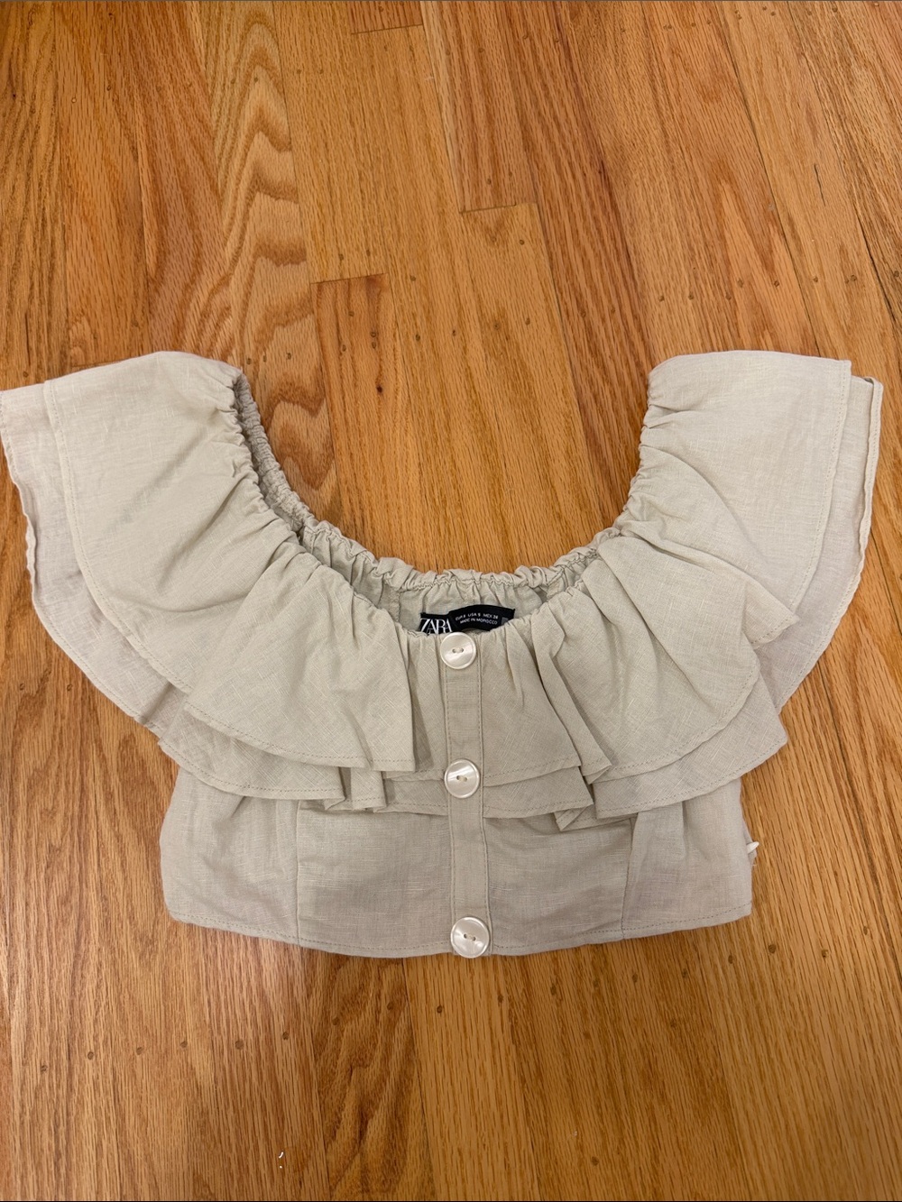 Zara linen Ruffle Off-Shoulder Button Crop Top